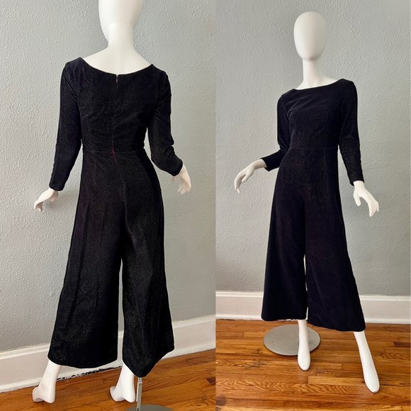 Vintage 60s Black DISCO Velvet MOD Wide Leg Pantsuit Jumpsuit XS